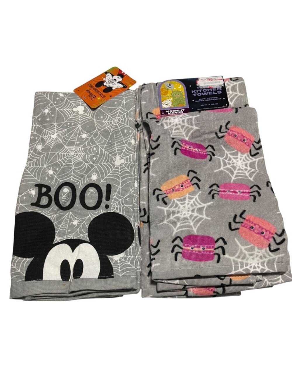 Disney & Moonlit Manor Halloween Kitchen Towels Set Of 5 Gray Boo Spider Macaron